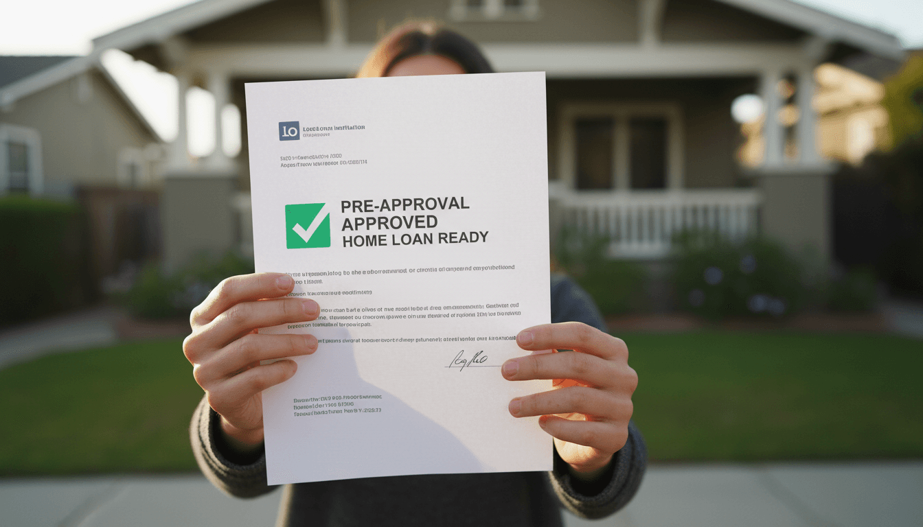 Hands holding pre-approval letter with home in background