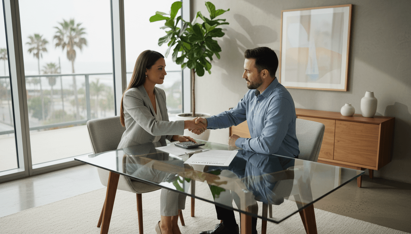 Mortgage consultant reviewing loan documents with client at desk in Long Beach office