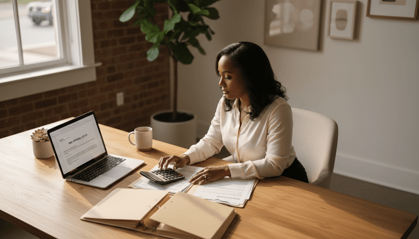 Mortgage consultant reviewing loan documents at desk